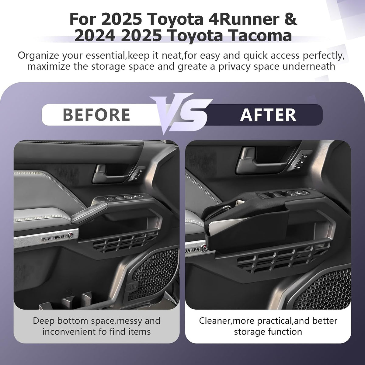 LUWU Door Side Storage Box Compatible with 2025 Toyota 4Runner Accessories Side Organizer Tray 2025 4Runner Center Console Organizer TPE Material Front Storage Box Black 2-Pack