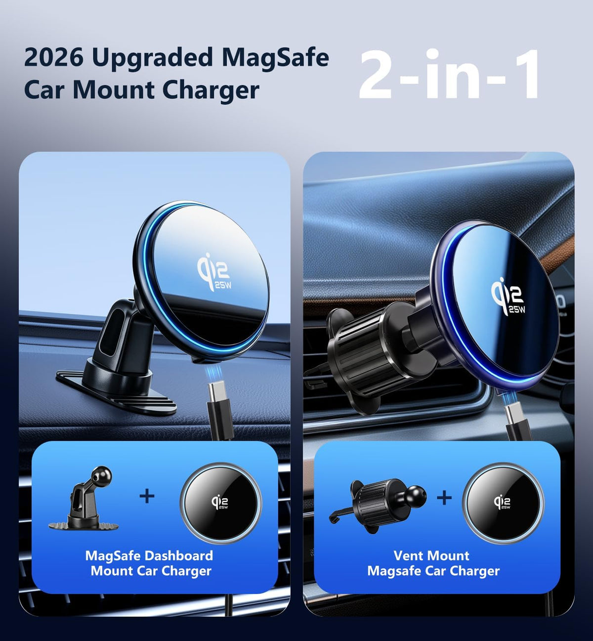 for Qi2.2 25W MagSafe Wireless Car Charger Mount with RGB Light Magnetic