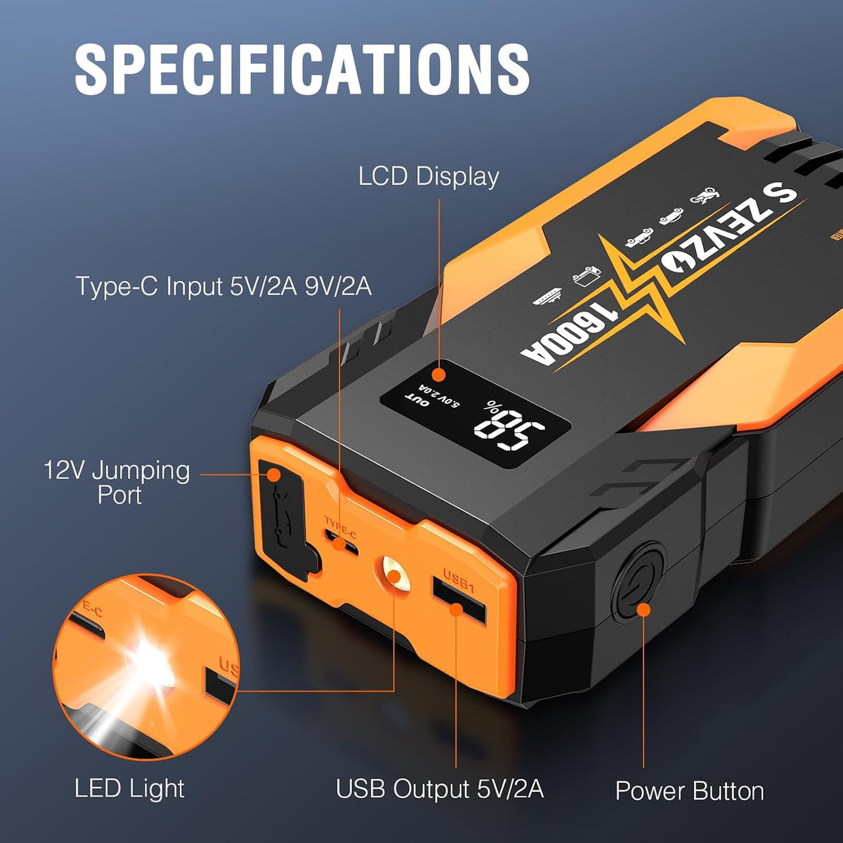 S ZEVZO Jump Starter 1600A Peak Portable Jump Starter for Car (Up to 7.0L Gas 5.5L Diesel Engine) 12V Auto Battery Booster Pack with Jumper Clamps