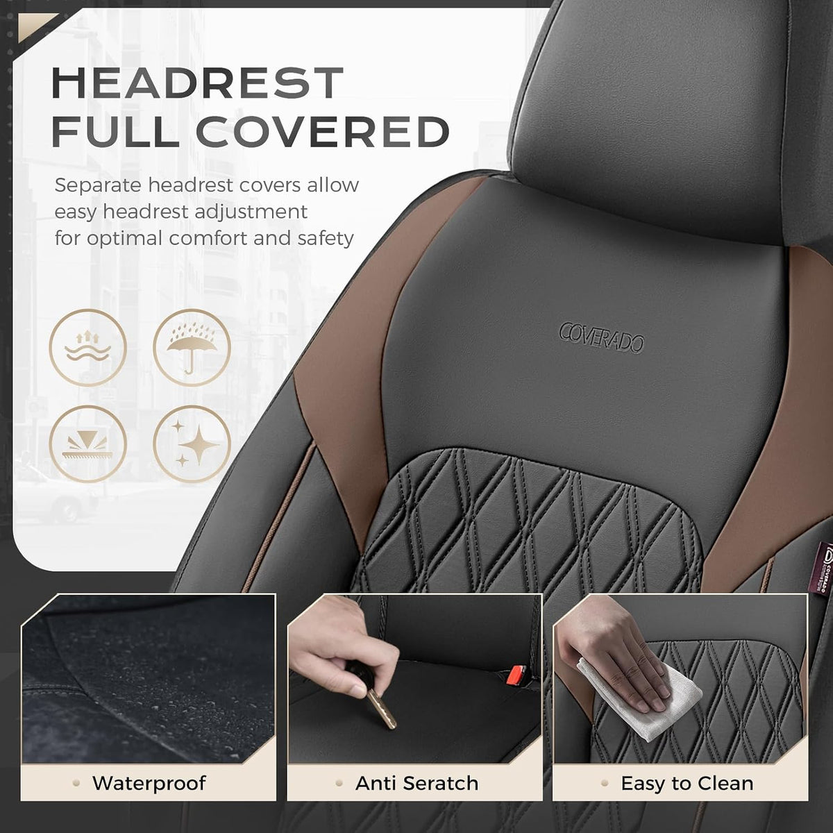 Coverado Leather Seat Covers, Front and Back Seat Covers for Cars, Waterproof Automotive Seat Covers Car Seat Protector Car Seat Cushion Universal Interior Truck Accessories Fit Most Cars Black&Coffee