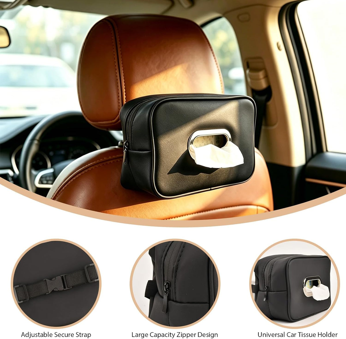 Car Tissue Holder, Large PU Leather Tissue Box Cover for Car