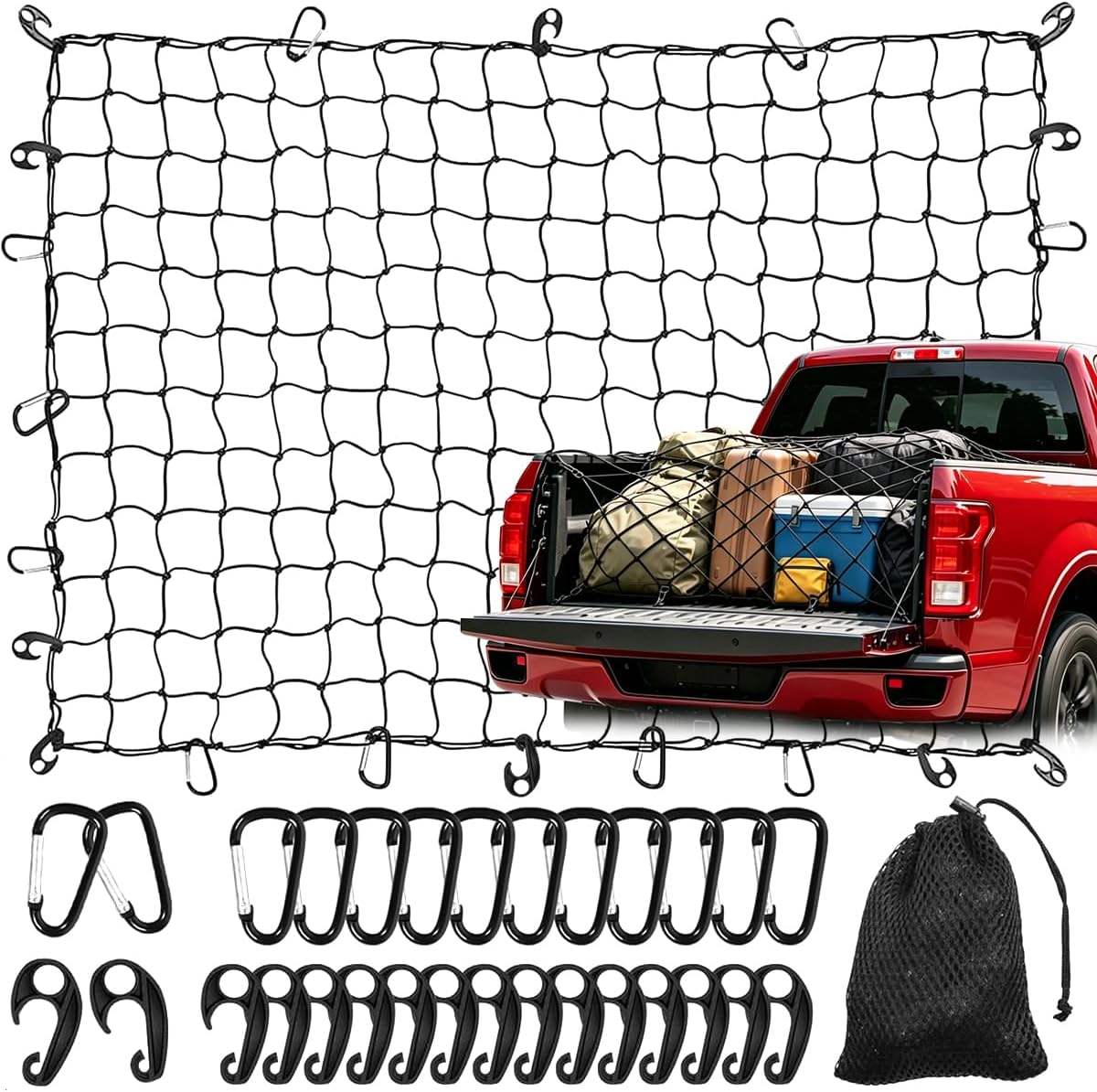 3' x 4' Cargo Net Stretches to 6' x 8', Heavy Duty Cargo Netting for Pickup Truck Bed, Roof Rack Net with Hooks Carabiners