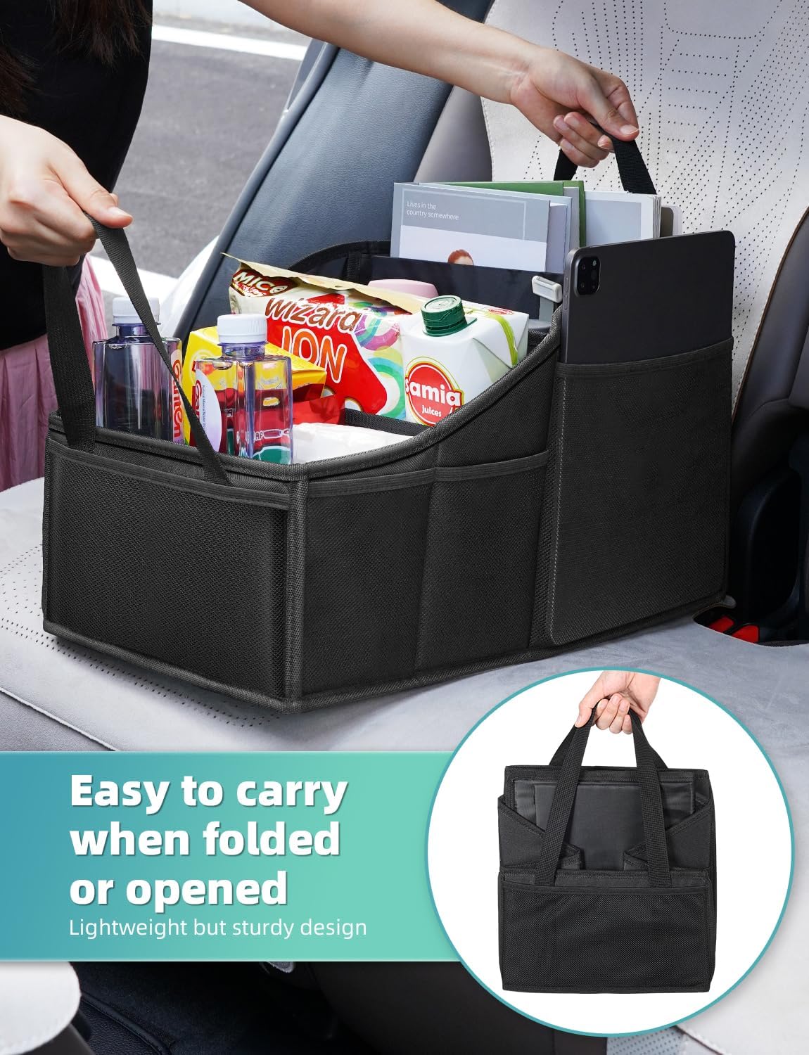 YOHOOLYO Car Seat Organizer Backseat Car Organizer with 4 Compartments, 4 Cup Holders and 7 Mesh Pockets for Front and Rear Seat, Black