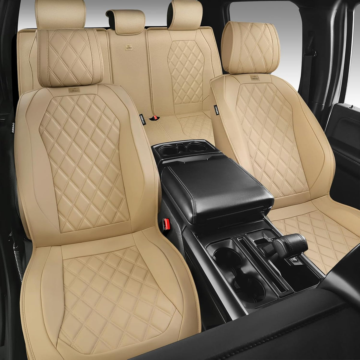 CAR PASS Luxury Nappa Leather Seat Covers Full Set, 3D Rhombus Waterproof Faux Leather Seat Covers, Universal Automotive Seat Cushion Fit for Most Sedan SUV Truck Van, Airbag Compatible Beige