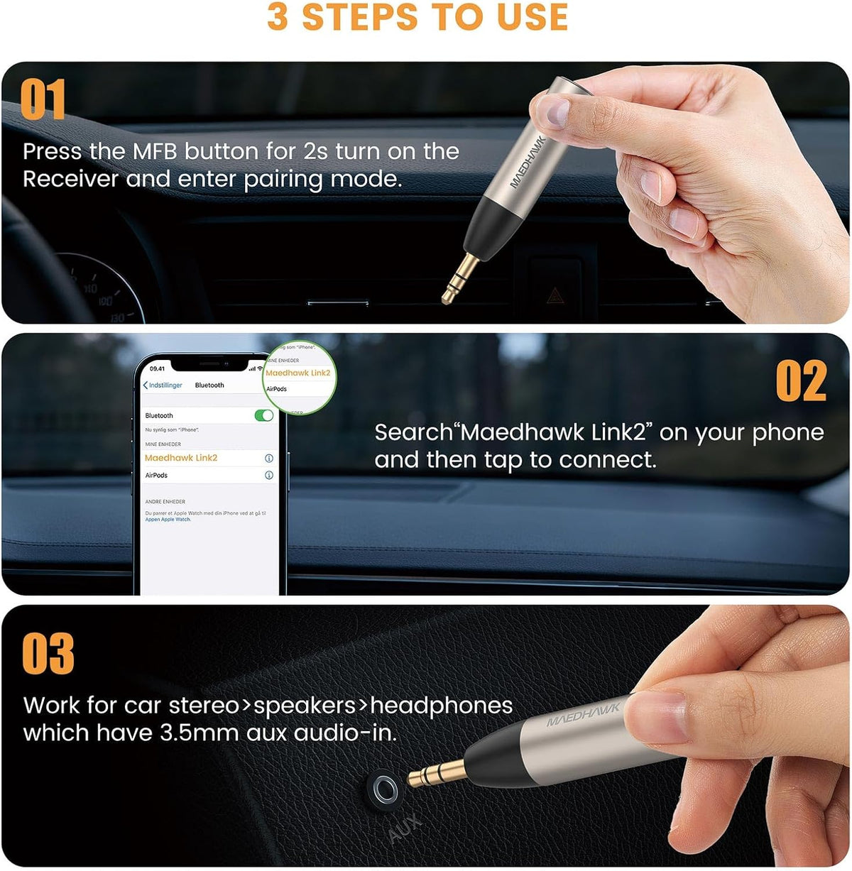 MaedHawk Bluetooth 5.4 Aux Receiver for Car