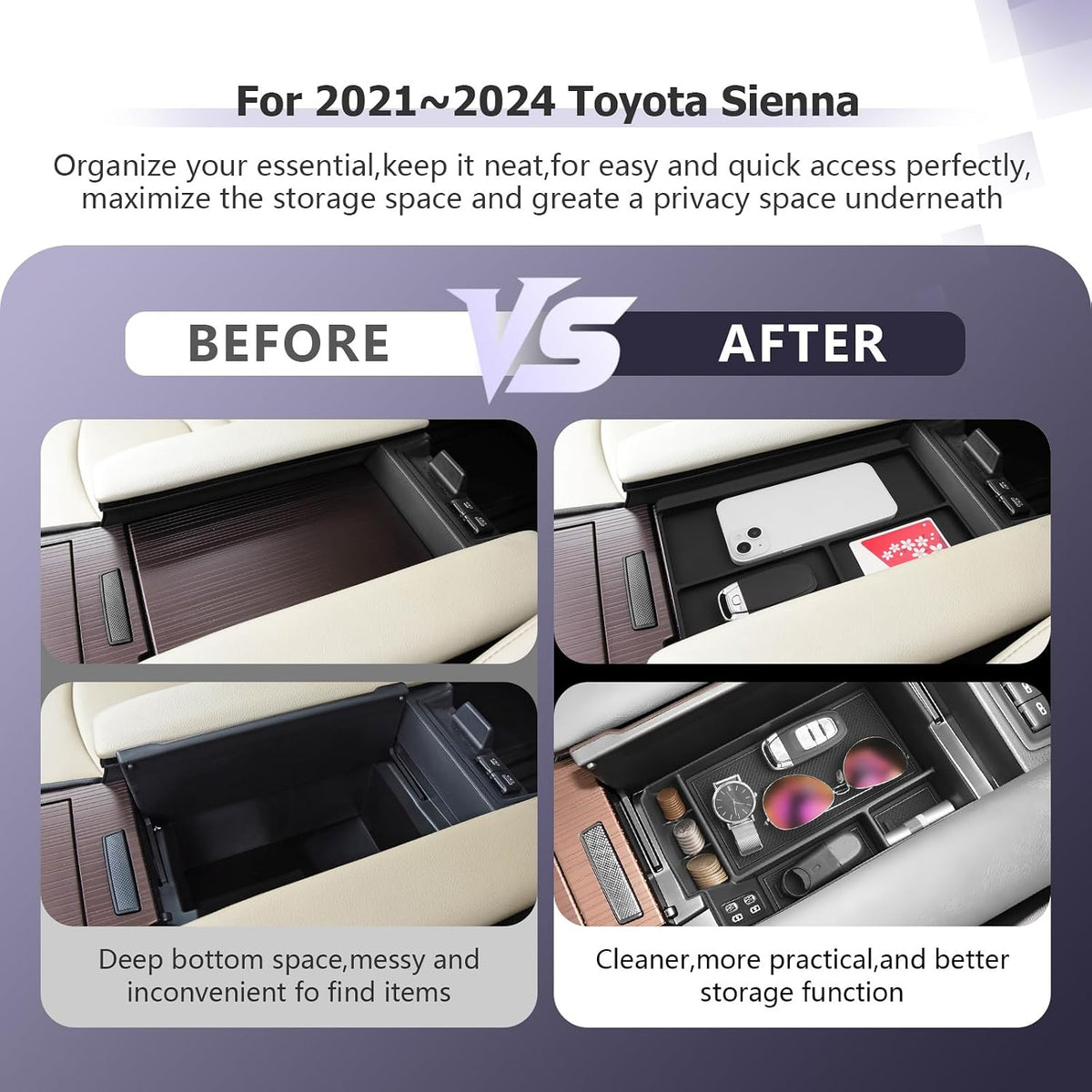 LUWU 2025 2026 Sienna Accessories for 2021 2022 2023 2024 2025 2026 Toyota Sienna Accessories Center Console Organizer, Armrest Console Tray Anti-Slip Armrest Lid Black 2-Pack (Not for Cool Box)