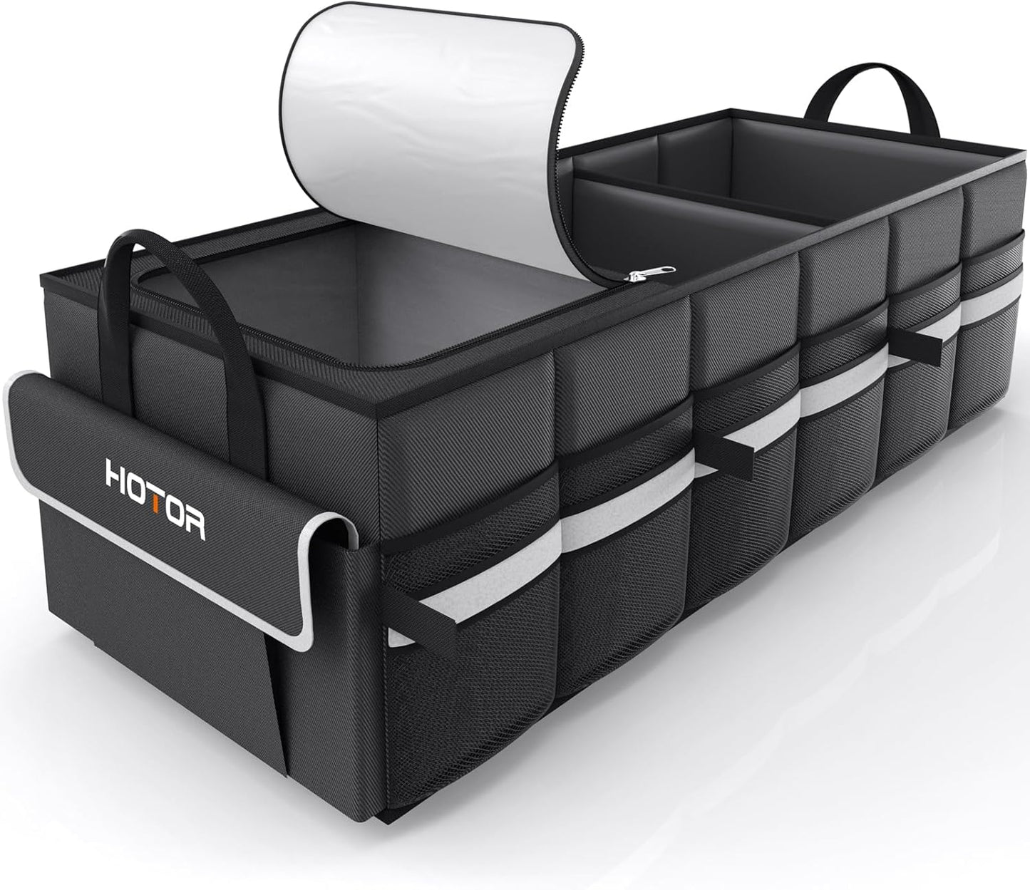 HOTOR Trunk Organizer - Car Organizer with Built-In Leakproof Car Cooler, Collapsible Trunk Organizer with Cooler for Car, SUV, Sedan, with Base Panel (3 Compartments, Grey),31.9"×12.6"×10.6"