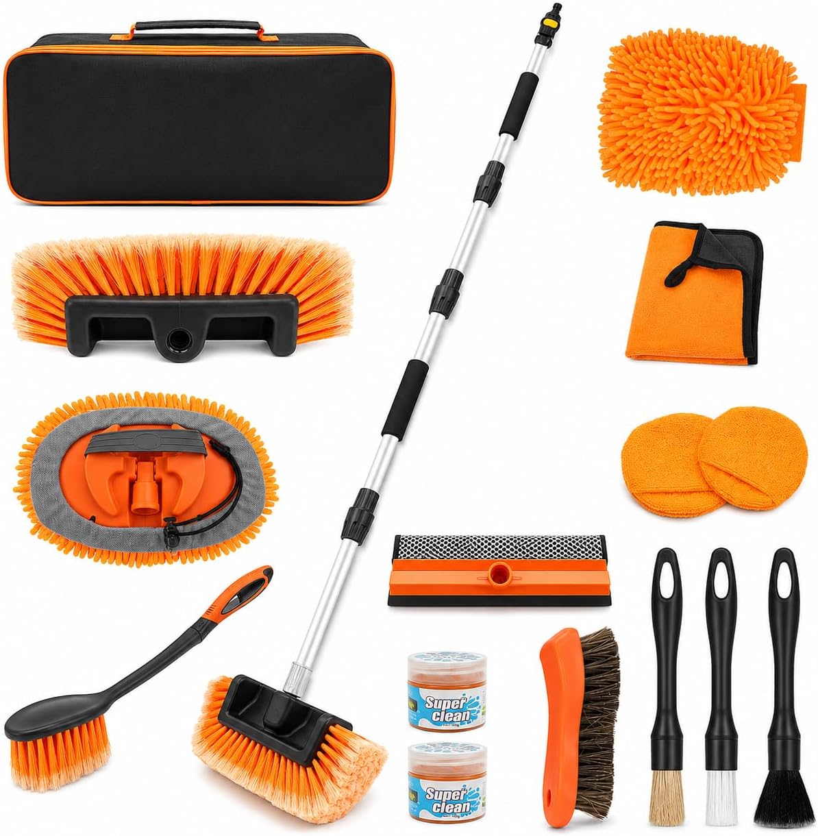 70" Car Wash Brush with Long Handle, 12-Inch Flow-Thru Soft Bristle Car Washing Brush, Wheel Brush, Microfiber Cleaning Mop, Mitt, Window Squeegee, Interior Cleaning Kit, Bag, for Car SUV Truck RV