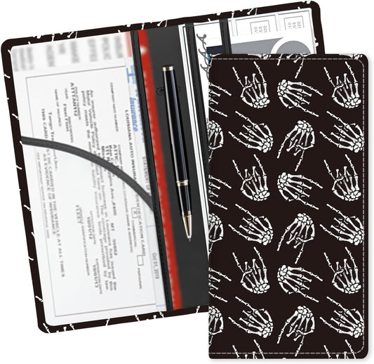 Leather Car Registration and Insurance Card Holder, Cute Car Accessories Vehicle Glove Box Car Organizer for Documents, Cards, License Cool Skull Hand