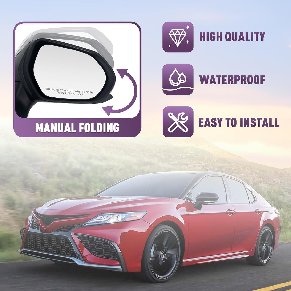 Passenger Side View Mirror Compatible With Toyota Camry 2018-2022 3-Pins Manual Folding Power Glass Non Heated Non Blind Spot Rear View Mirror White