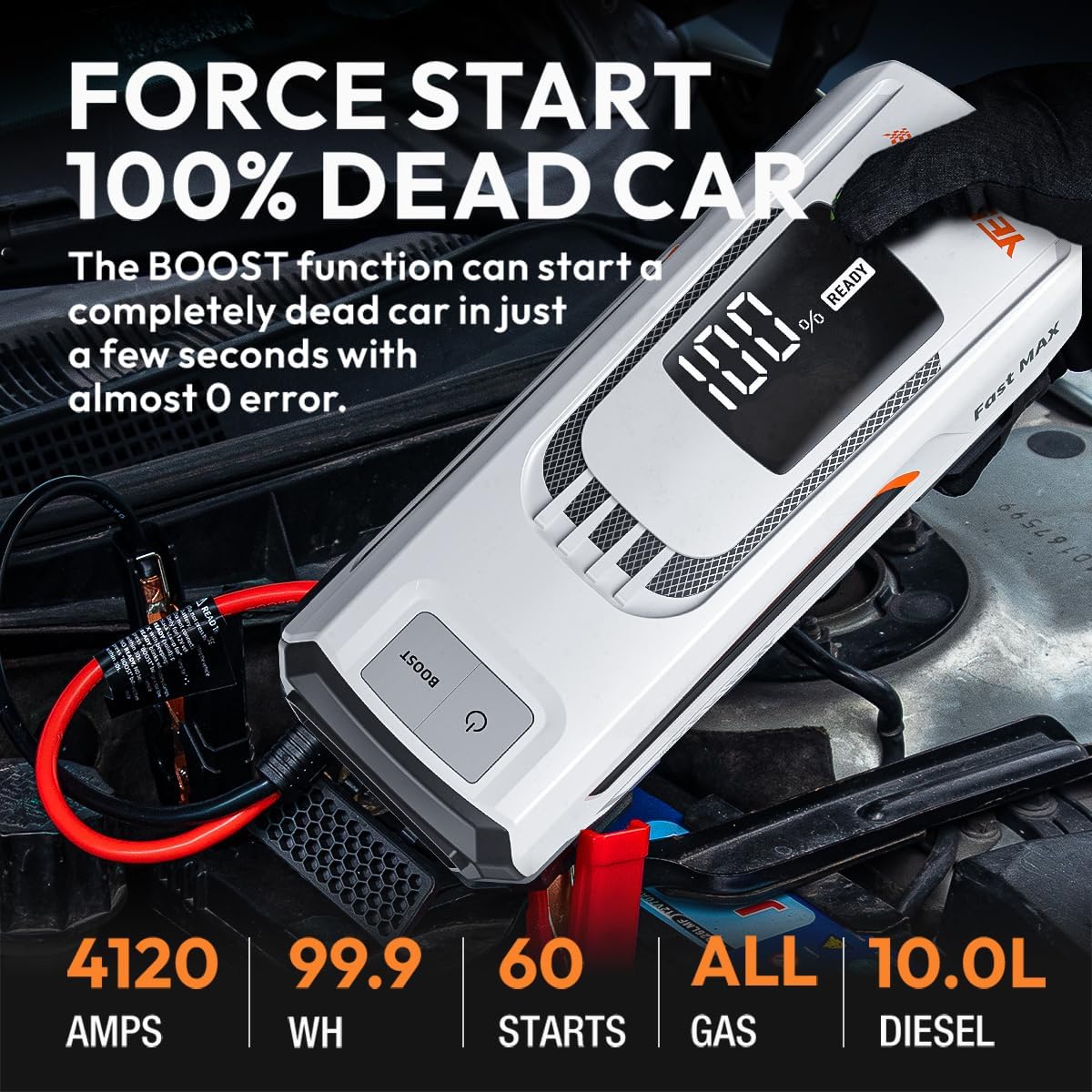 YESPER Boost Jump Starter Battery Pack 4120A 27000mAh Car Battery Charger Jumper Starter (All Gas/up to 10L Diesel) 100W Quick Charge 12V Portable Jump Box for Totally Dead Vehicle with DSLI Safe Tech