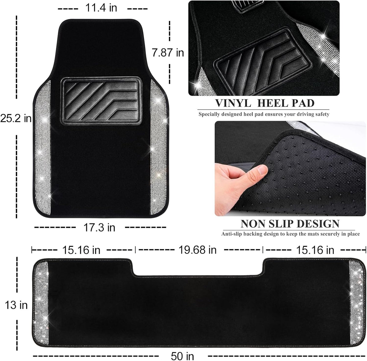 CAR PASS Bling Diamond Car Mats Shining Carpet Crystal Rhinestones Sparkly Glitter Floor Mats with Anti-Slip PVC Heel Pad Universal for Automotive SUV, Sedan, Van, 3pcs for Girl Women, Black Silver