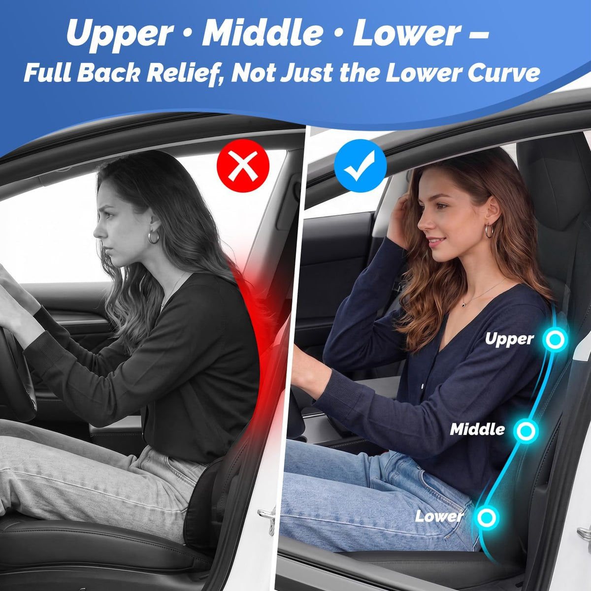 Dreamer Car Lumbar Support Pillow for Car – Memory Foam Whole Back Relief | Adjustable Straps, Washable Cover, Anti-Slip – Daily Commute & Long Trips – 16.9"x20.9"(2.4" Thin) – Trusted by Pro Drivers