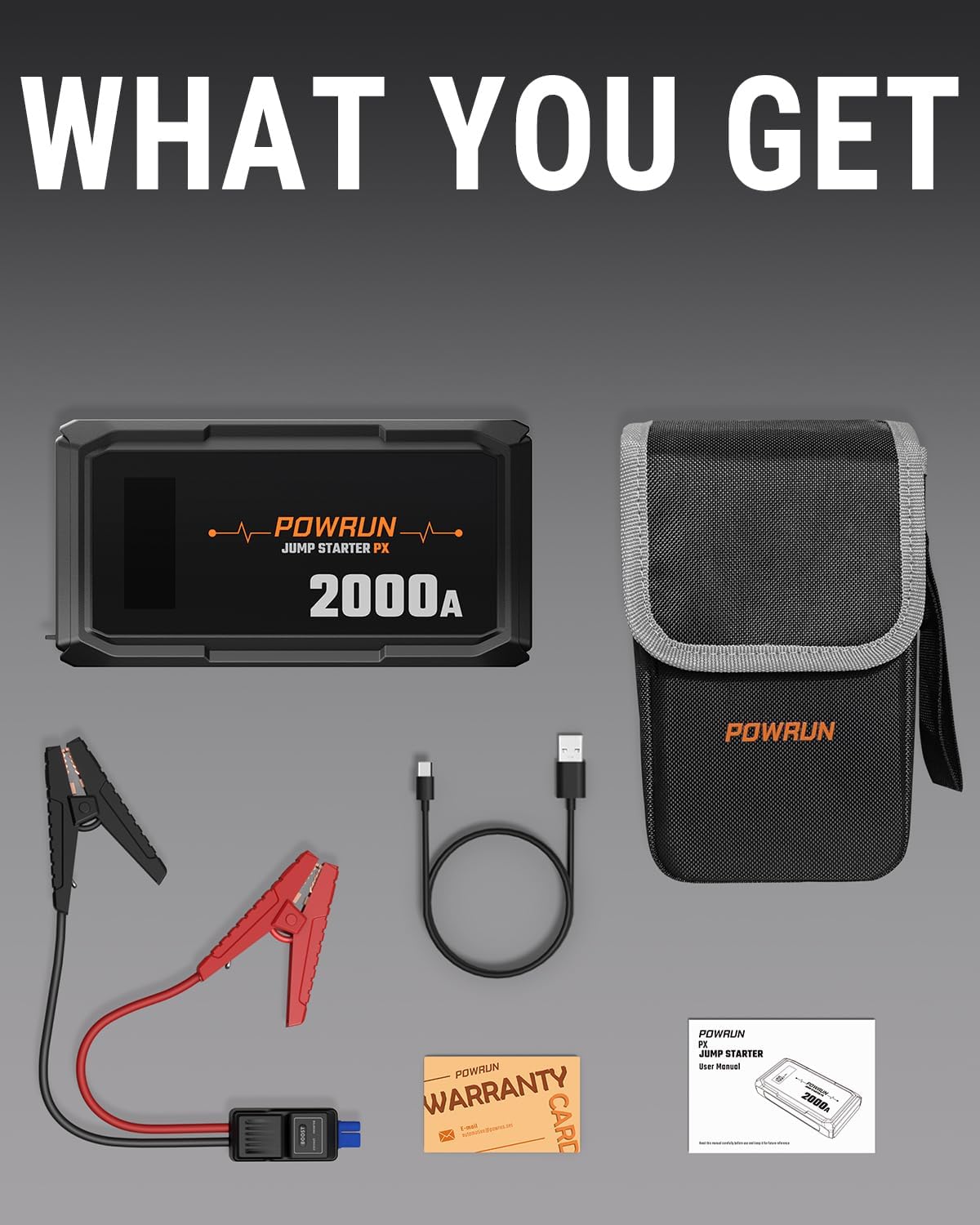 Powrun P-X Jump Starter, 2000A Portable Jump Box - Car Jump Starter Battery Pack for up to 6.0L Gas and 5.0L Diesel Engines, 12V Battery Jump Starter with Carry Bag