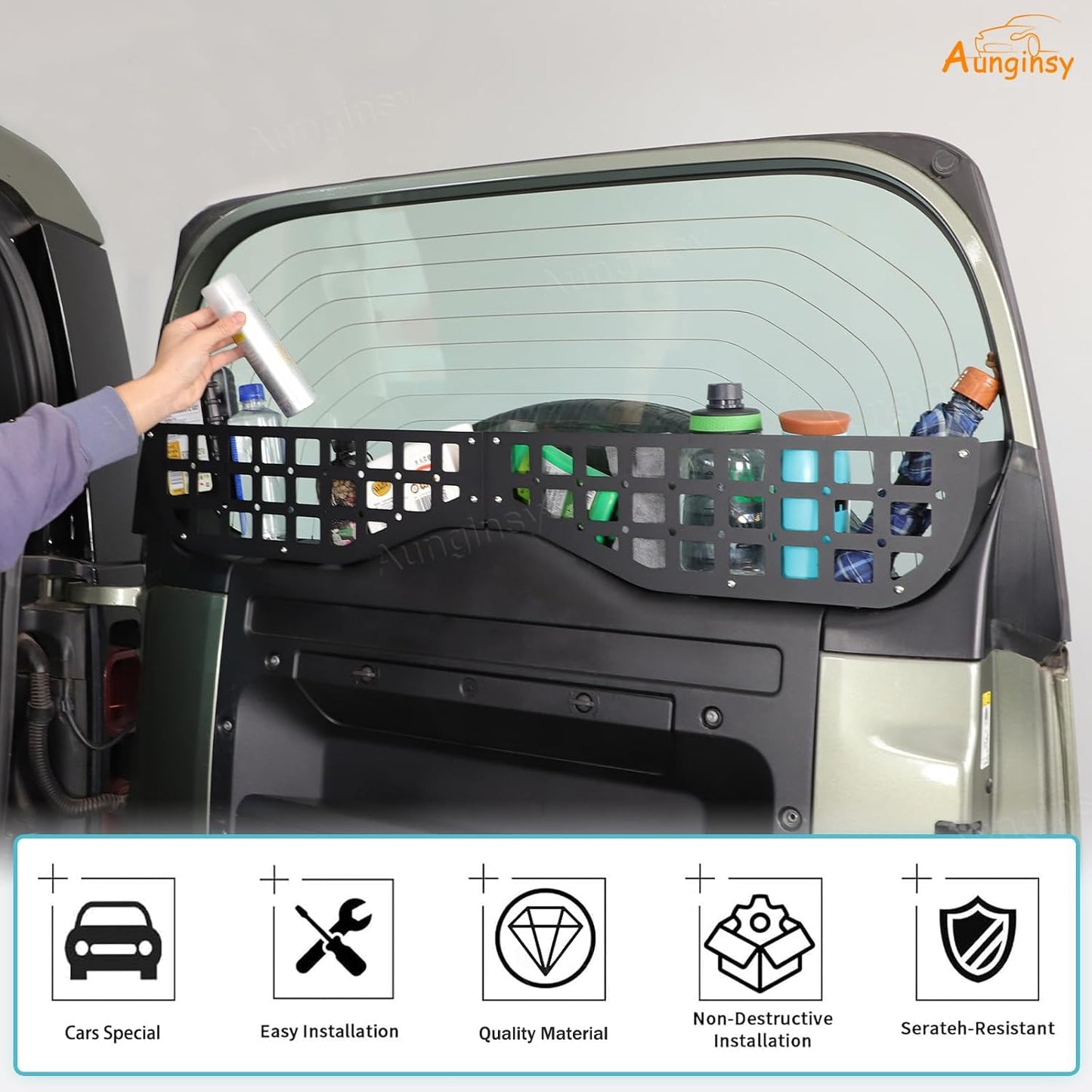 Car Rear Tailgate Window Molle Storage Panel Shelf Compatible with Land Rover Defender 90/110/130 2020-2025 2026, Rear Trunk Door Window Organizer Storage Bracket Cargo Rack Modular System Accessories