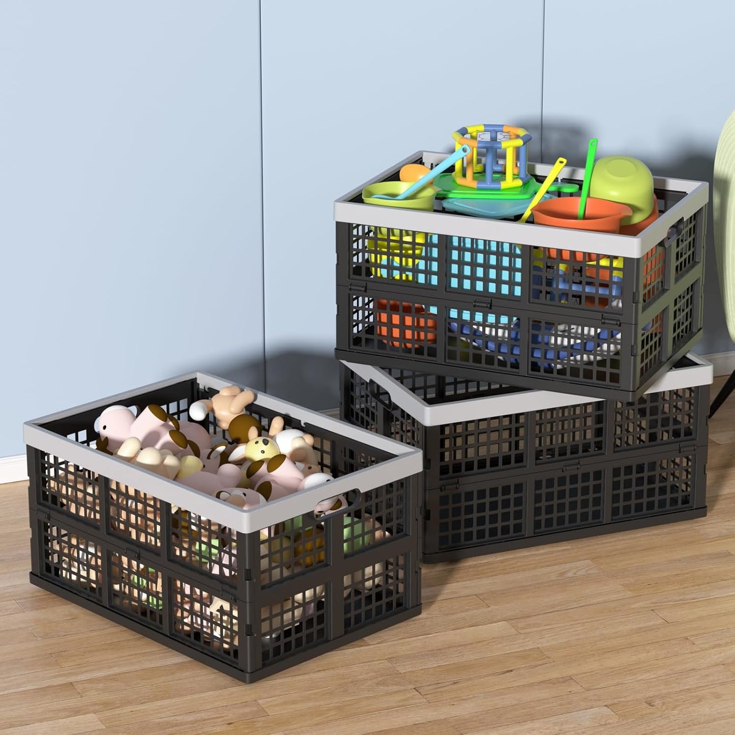 42L Collapsible Milk Crates, 4 Packs Foldable Storage Bins | Heavy-Duty Plastic Stackable Basket Crate, Black Folding Crate for Garage, Car, Pantry Storage