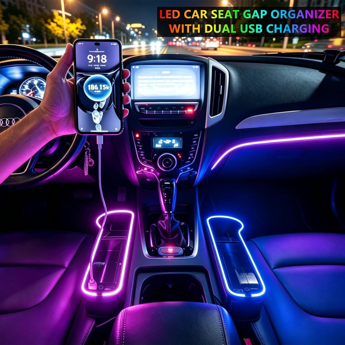 2 Pack Car Seat Gap Organizer,Multifunctional Seat Gap Storage Box with USB Fast Charger, Car Seat Pockets with Led Light, Car Seat Gap Filler with Cup Holder (Black)