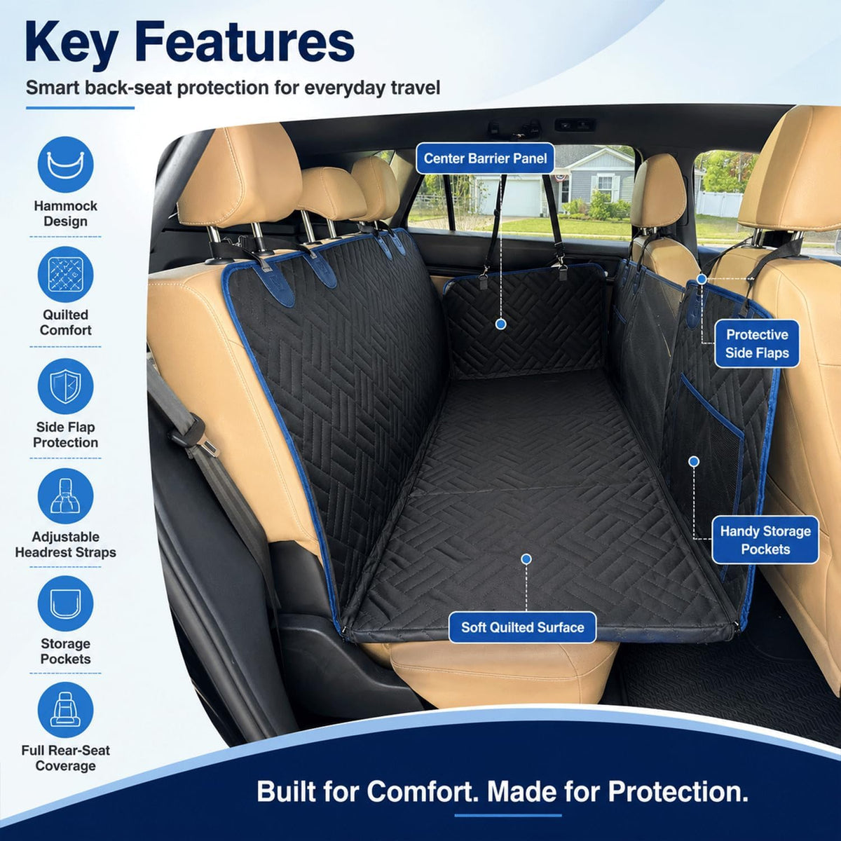 Dog Seat Cover for Back Seat Hard Bottom, XL Backseat Extender for Large Dogs (+420 lbs), Waterproof Dog Car Hammock with Door Protectors, Non-Slip Heavy-Duty Pet Seat Cover for Truck, SUV & Car