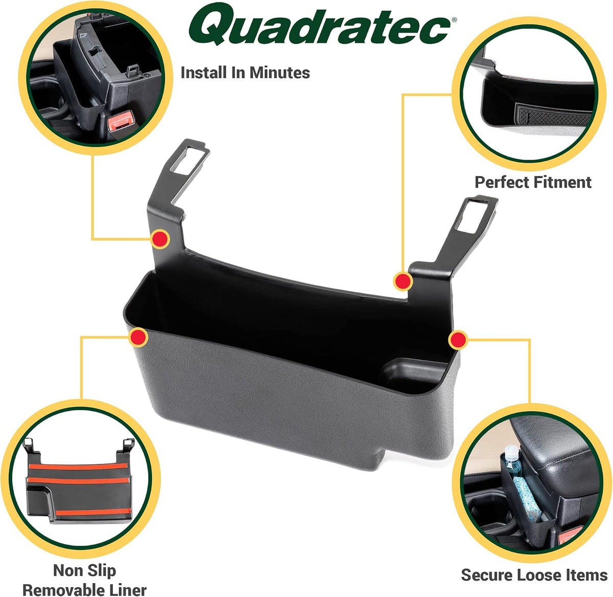 Quadratec Center Console Storage Organizer Tray - Fits Jeep Wrangler JL, JLU & Gladiator JT 2018-2022 - Non-Slip Liner - Small Item Phone, Keys, Money, Change, Holder - Interior Jeep Accessories