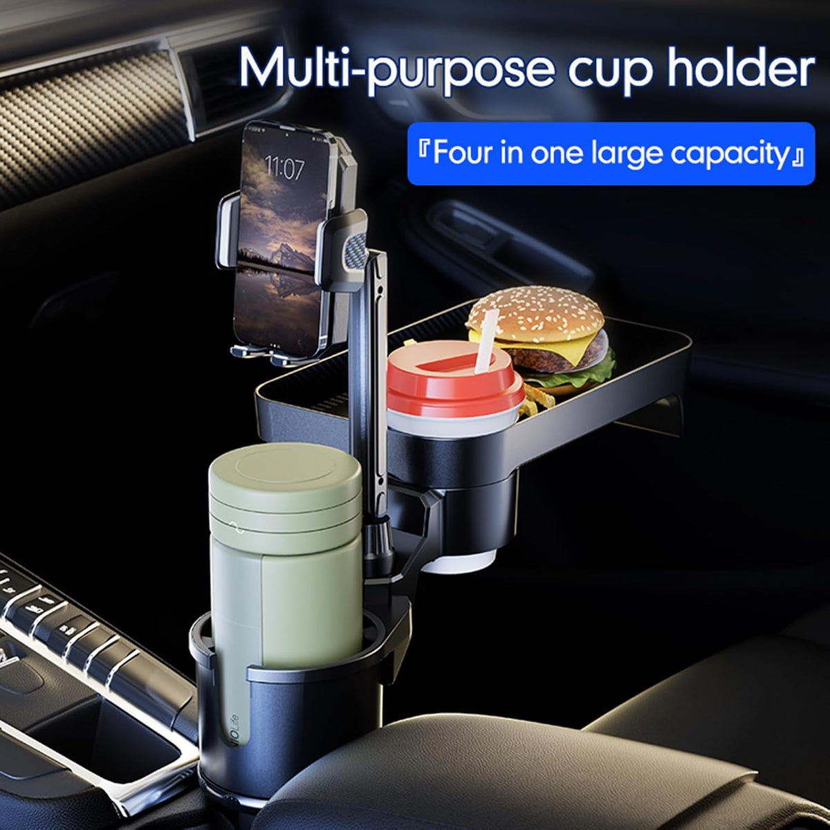 Car Cup Holder Multifunctional Cup Holder Expander with ° Rotation Tray Mobile Phone Holder Adjustable Base to Front Back Seat Organizer (Size L)
