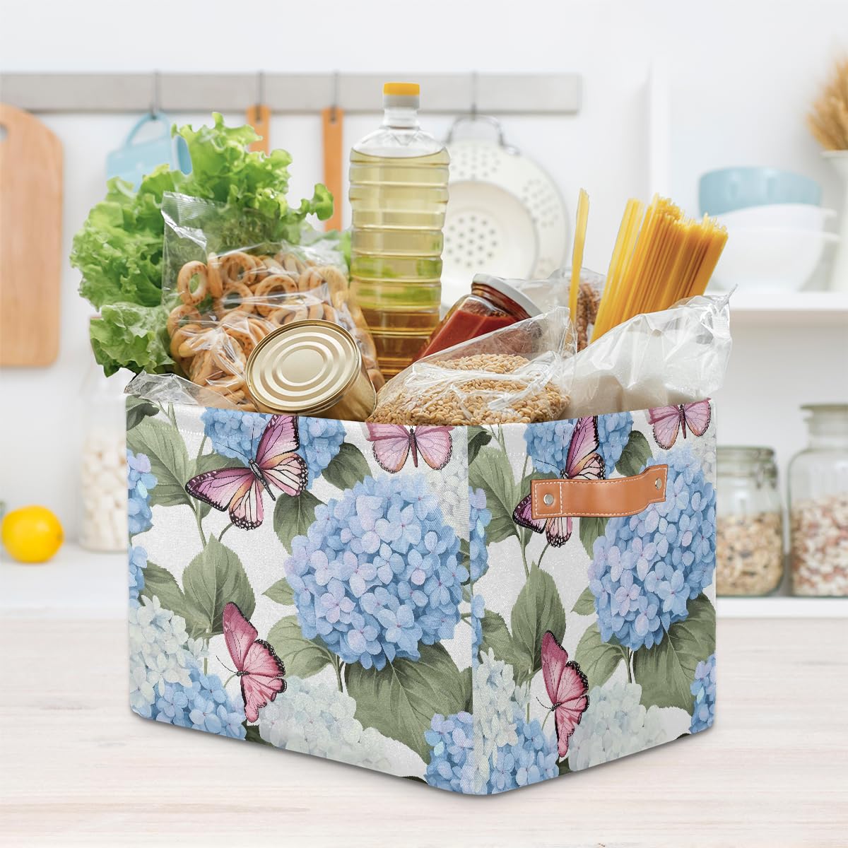 Blue Hydrangea Flowers Storage Baskets for Organizing, Fabric Collapsible Storage Bins Box Pink Butterfly Decorative Toy Organizer Baskets for Closet Shelves Gift Basket 1 Pc