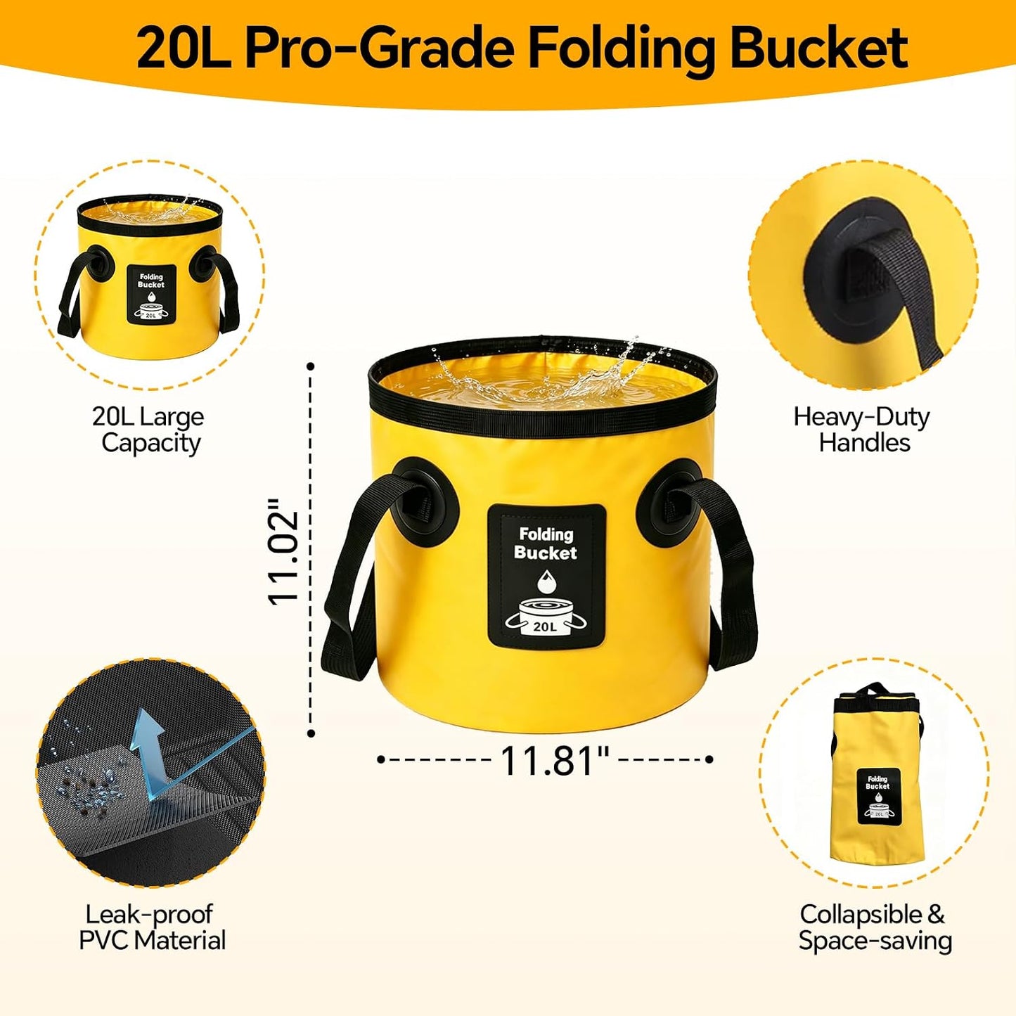 7-in-1 Car Wash Kit with 20L Folding Bucket & Brush – Car Wash Mop with Long Handle, 15° Curved Aluminum Pole for SUV Roof, Car Washing Brushes & Cleaning Supplies, RVs-Yellow.