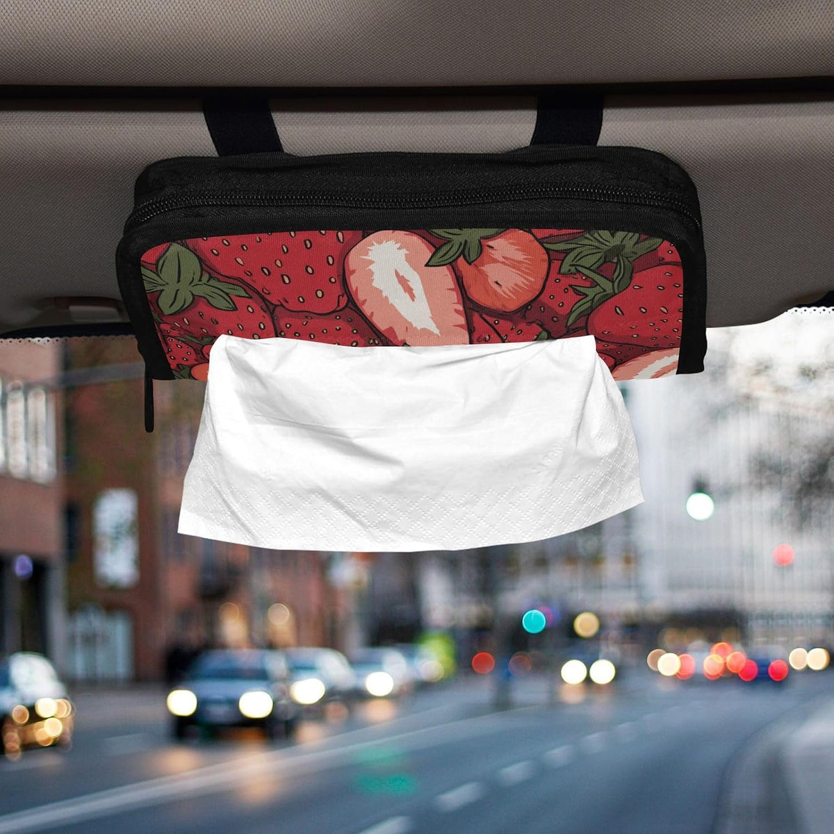 Car Tissue Holder Car Napkin Holder Car Tissue Box Dispenser Storage Case Sun Visor Mask Holder with Adjustable Straps Reusable Refillable Cartoon Red Strawberry