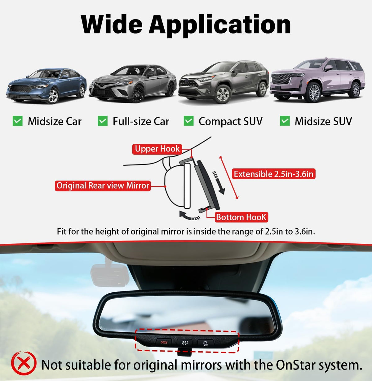 Rear View Mirror - Chrome Anti-Glare Panoramic Rearview Mirror 12 Inch Clip-On Convex Rearview Mirror, Reduces Blind Spots, HD Wide Angle,Shock Resistant for Cars, Trucks & SUVs (Light Chrome)