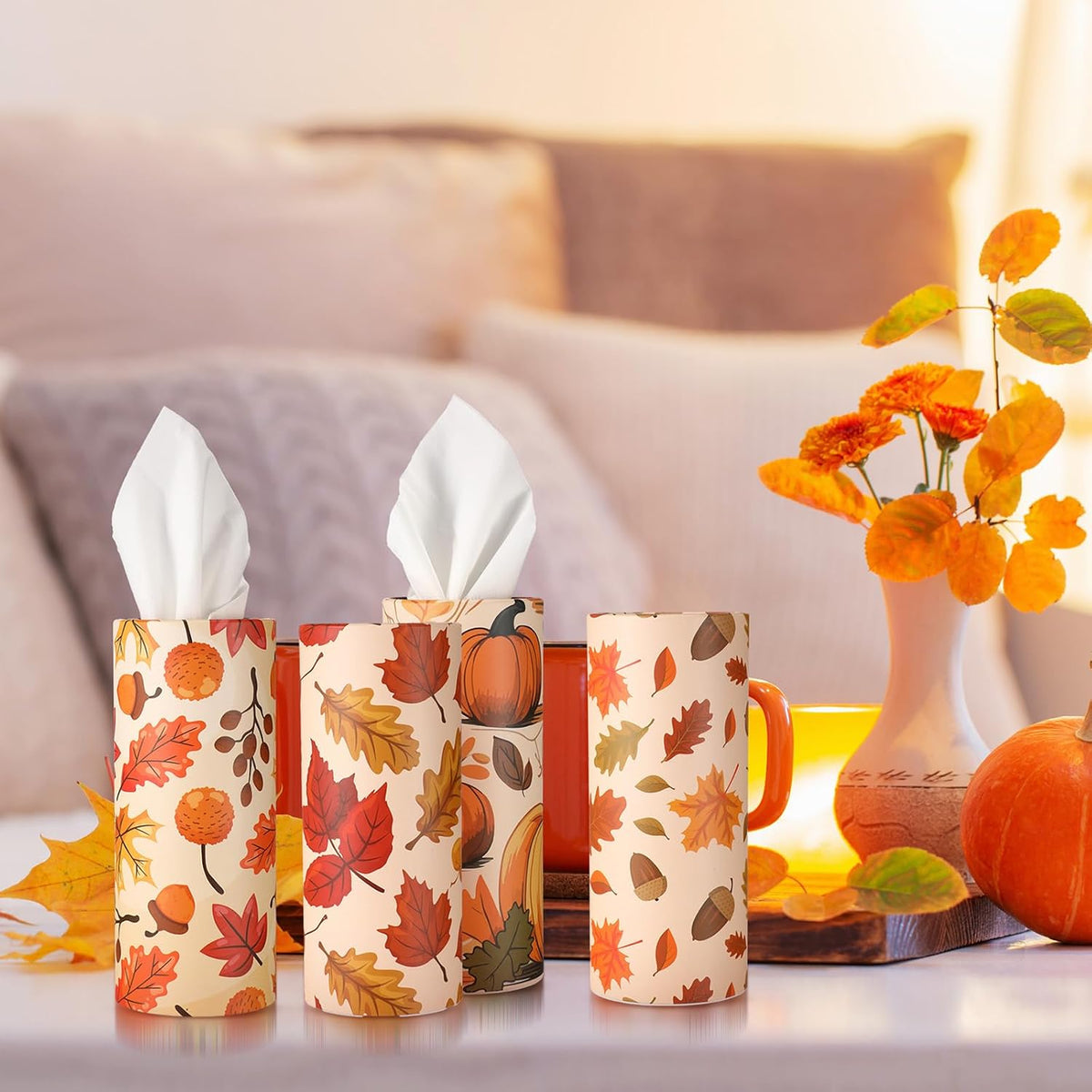 Cinnvoice 20 Pcs Fall Thanksgiving Car Tissues Cylinder with 3 Ply Facial Tissues Bulk Round Tissue Boxes Tubes Travel Tissue for Car Cup Holder Home Bathroom Office Accessories