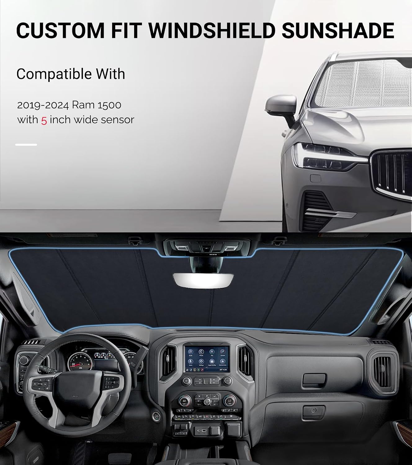 Pigenius Windshield Sunshade for Ram 1500 2019-2024 with 5 Inch Wide Sensor, Front Window Sun Shade - BLAZBLOCK