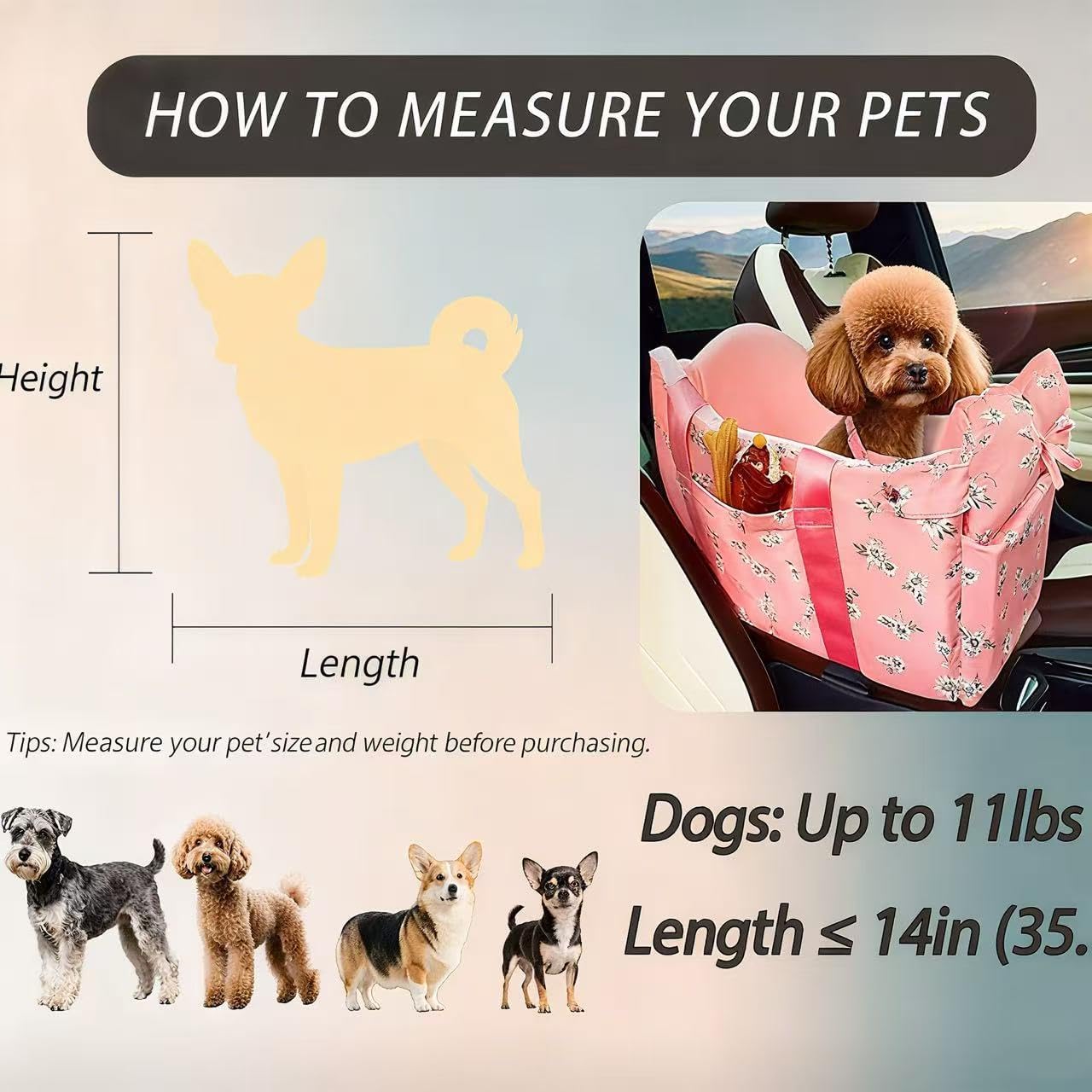 Console Dog Car Seat - Portable Dogs Armrest Booster Seat for Small Dog, Anti-Collapse Pet Car Seat with Soft Cushion Safety Belt, Support Pet Up to 11lbs (Pink Daisy)