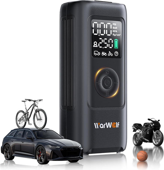 WARWOLF 160PSI Tire Inflator Portable Air Compressor, Air Pump for Car Tires with Pressure Gauge, Dual Power 12V DC, Auto Shut-Off, Rechargeable Tire Pump for SUV Truck Motorcycle Bicycle Balls