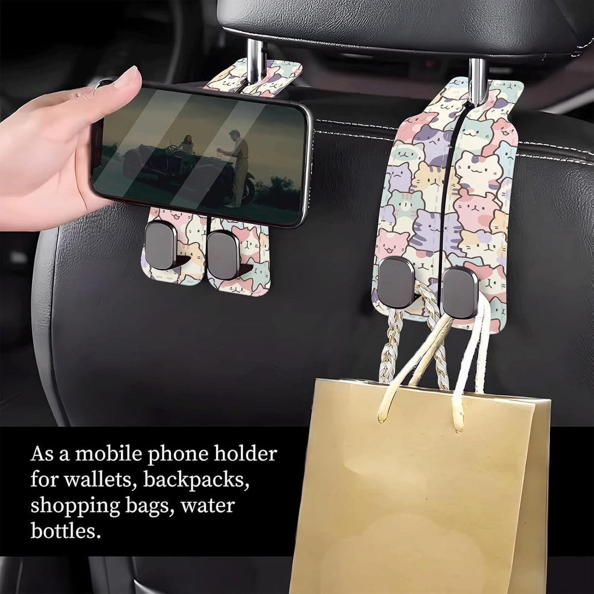 Car Seat Headrest Hook, Universal Leather Cute Hanger Holder Hook, Storage Organizer Interior Accessories for Purse Bags Handbag Cute Colorful Cats