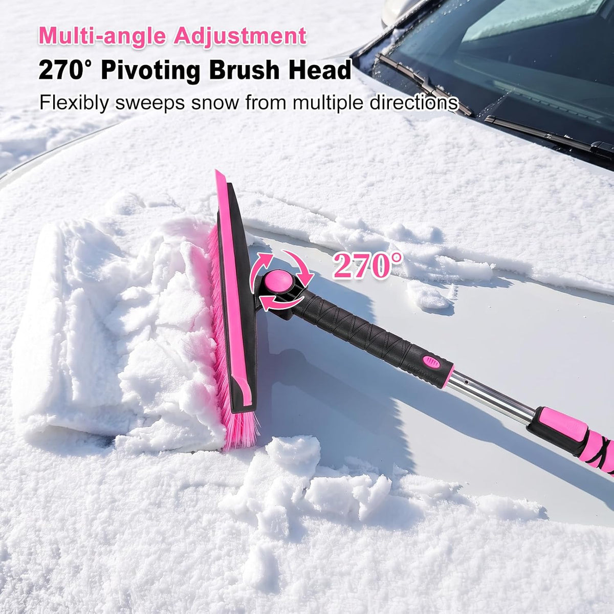 48 Inch Extendable Snow Brush with Squeegee Ice Scraper - Pink