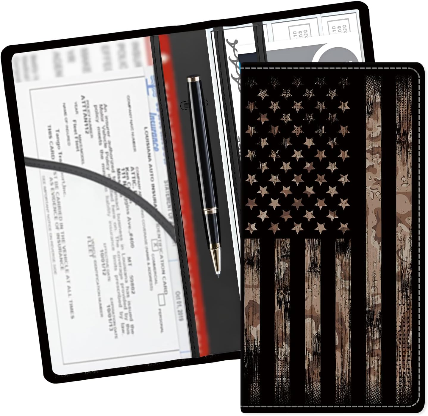 Leather Car Registration and Insurance Card Holder, Cute Car Accessories Vehicle Glove Box Car Organizer for Documents, Cards, License Retro American Flag
