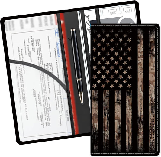 Leather Car Registration and Insurance Card Holder, Cute Car Accessories Vehicle Glove Box Car Organizer for Documents, Cards, License Retro American Flag