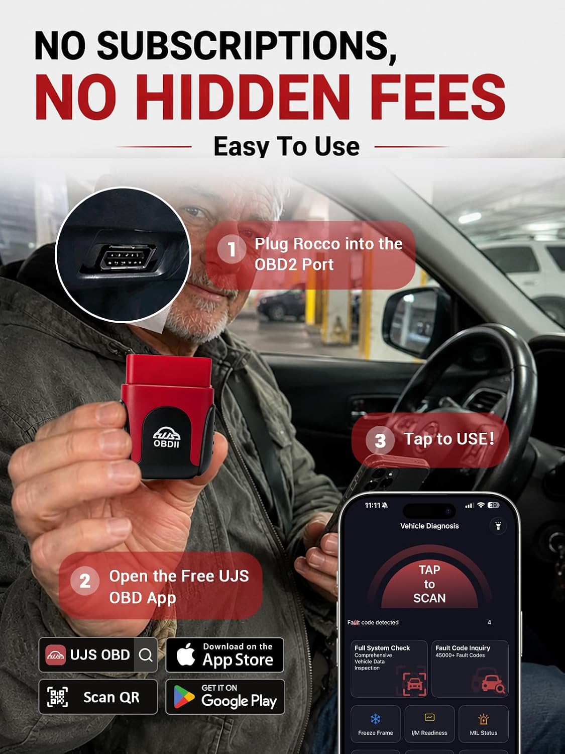 Rocco OBD2 Scanner Bluetooth for iPhone & Android, No Subscription(Red)