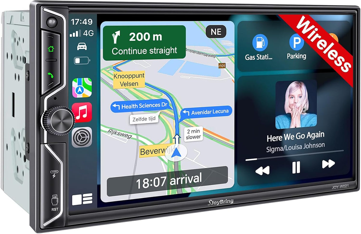 SJoyBring [QLED Screen Upgrade] 7" Double Din Car Stereo with Dash Cam, Wireless Apple CarPlay and Android Auto, Bluetooth, 240W 4.2-Channel Audio Output, MirrorLink, Backup Camera, AM/FM Car Radio