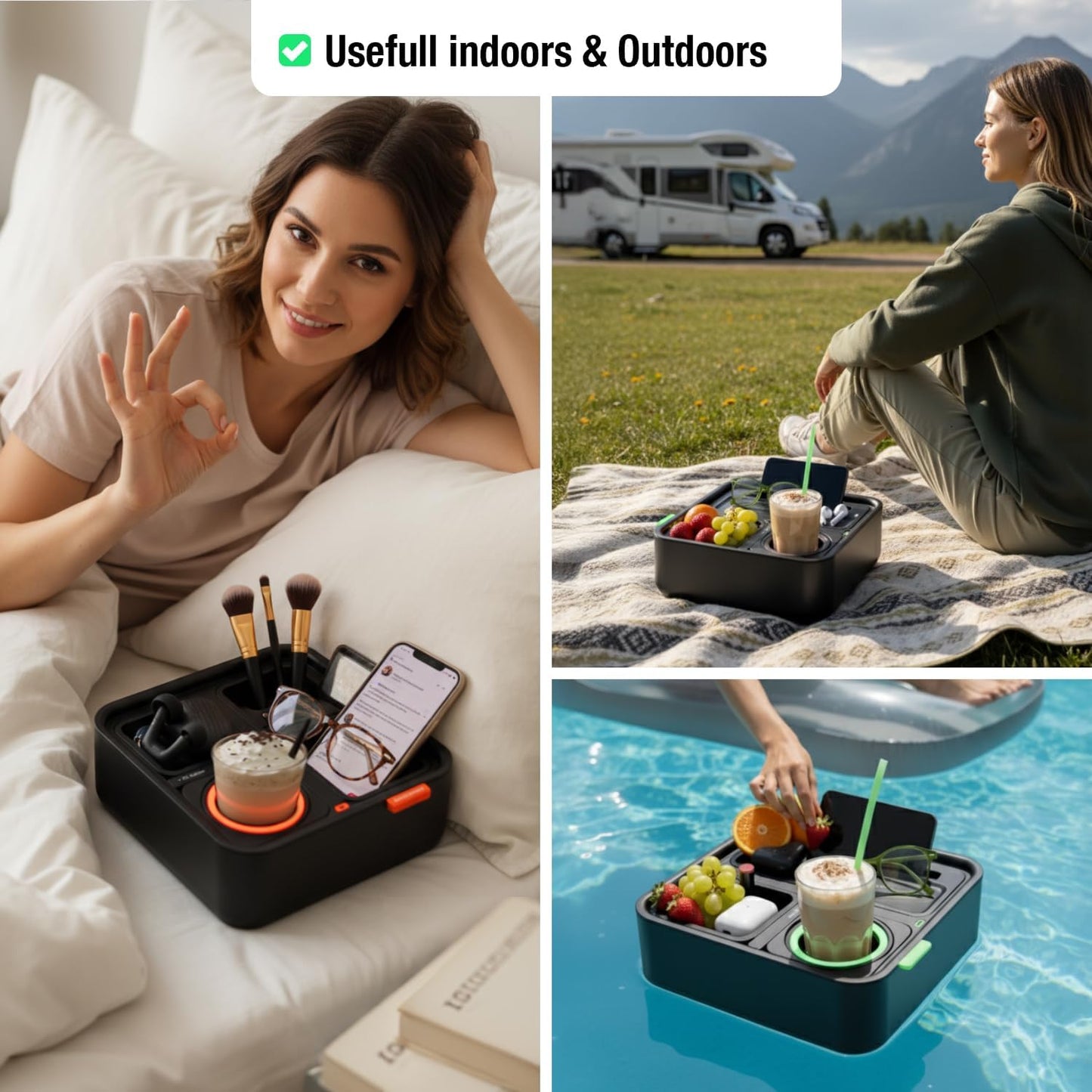 CouchConsole Original Tray - Drinks & Snacks Sofa Caddy with Armrest, Table with Phone Stand- TV Remote Control Storage and Organizer - for Living Rooms, RV, and Cars, Black/Green
