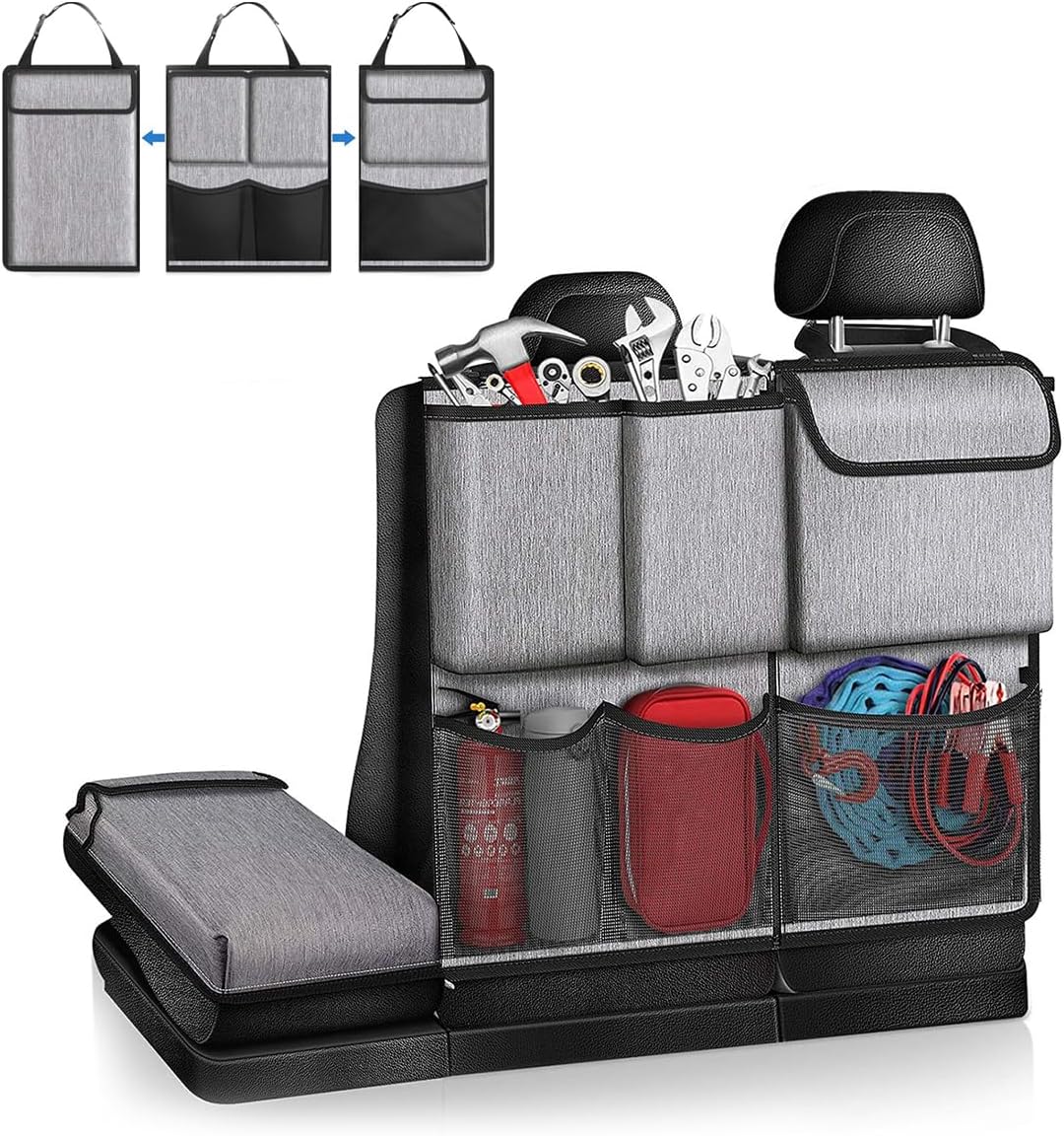 Hanging Car Trunk Organizer, Detachable Seat Back Storage Bag with Lids & 7 Large Pockets, Waterproof Space Saving Cargo Hanging Storage Container for Cars SUVs Vans (Black)