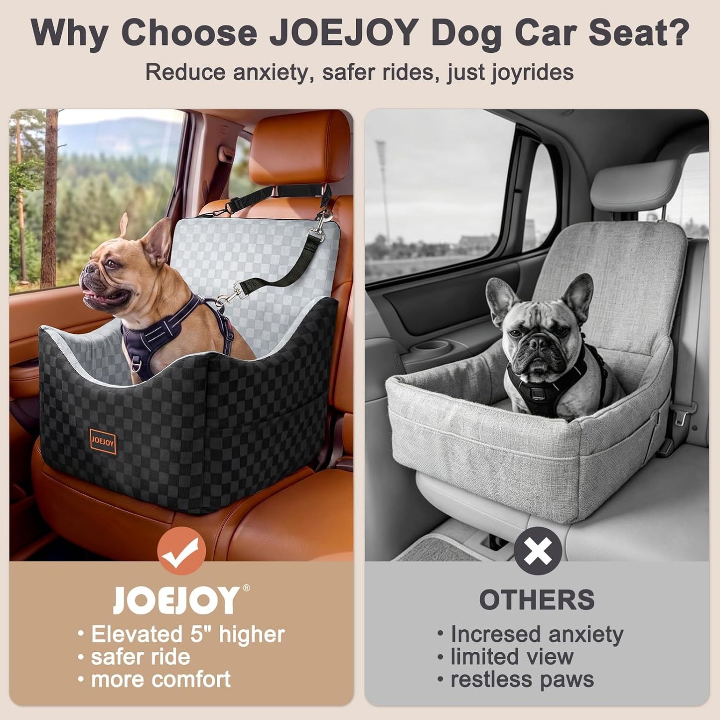 JOEJOY Elevated Dog Car Seat for Small/Medium Dogs up to 35 lbs, Memory Foam Booster Seat with Detachable Washable Cover, Travel-Safe Car Bed with Safety Belts & Storage Pockets, Grey