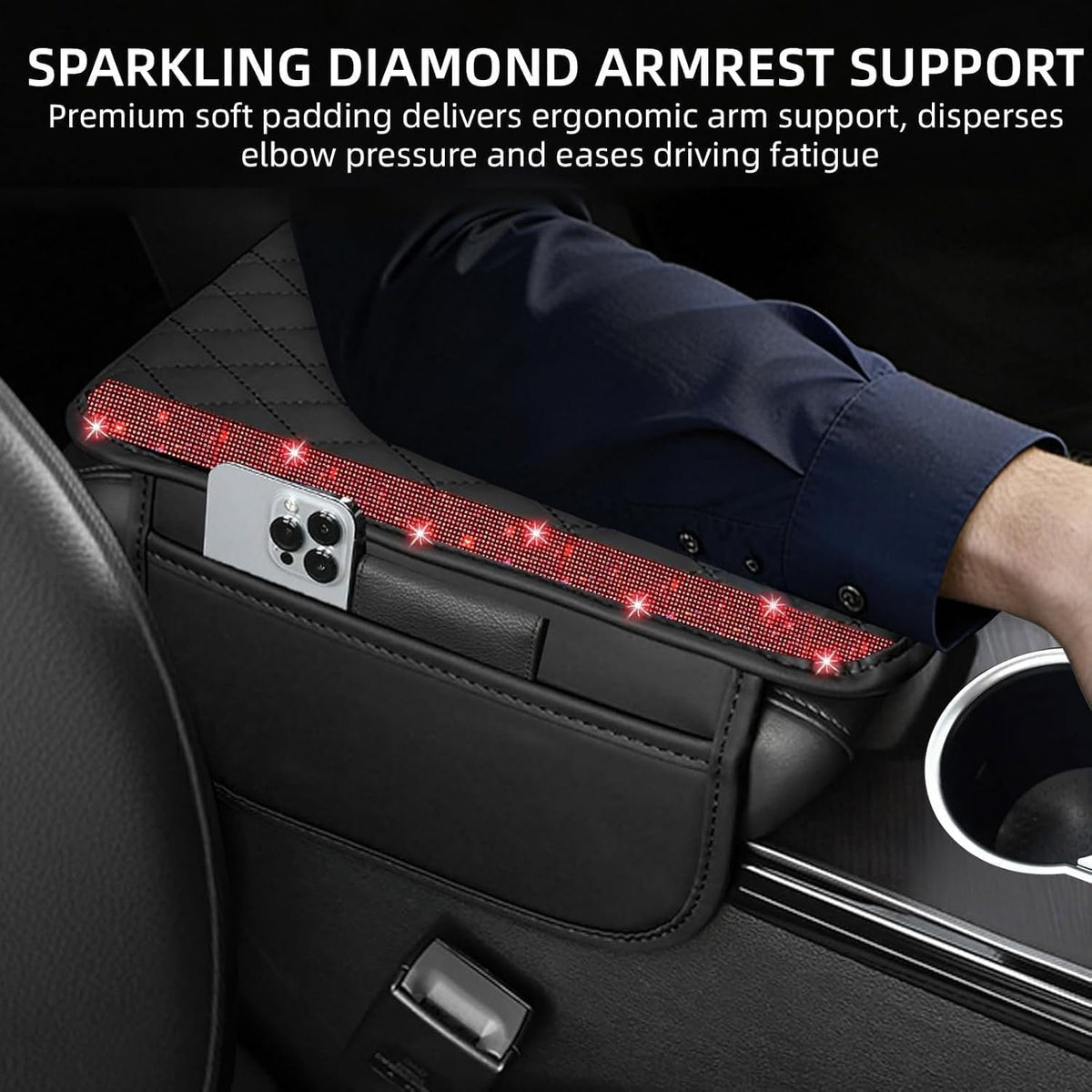 NBTEPEM Bling Car Center Console Cover, Leather Car Arm Rest Cover Cushion with 2 Storage Bags, Middle Console Cover Universal Armrest Protector Pads, Bling Accessories for Most Vehicles (Red)