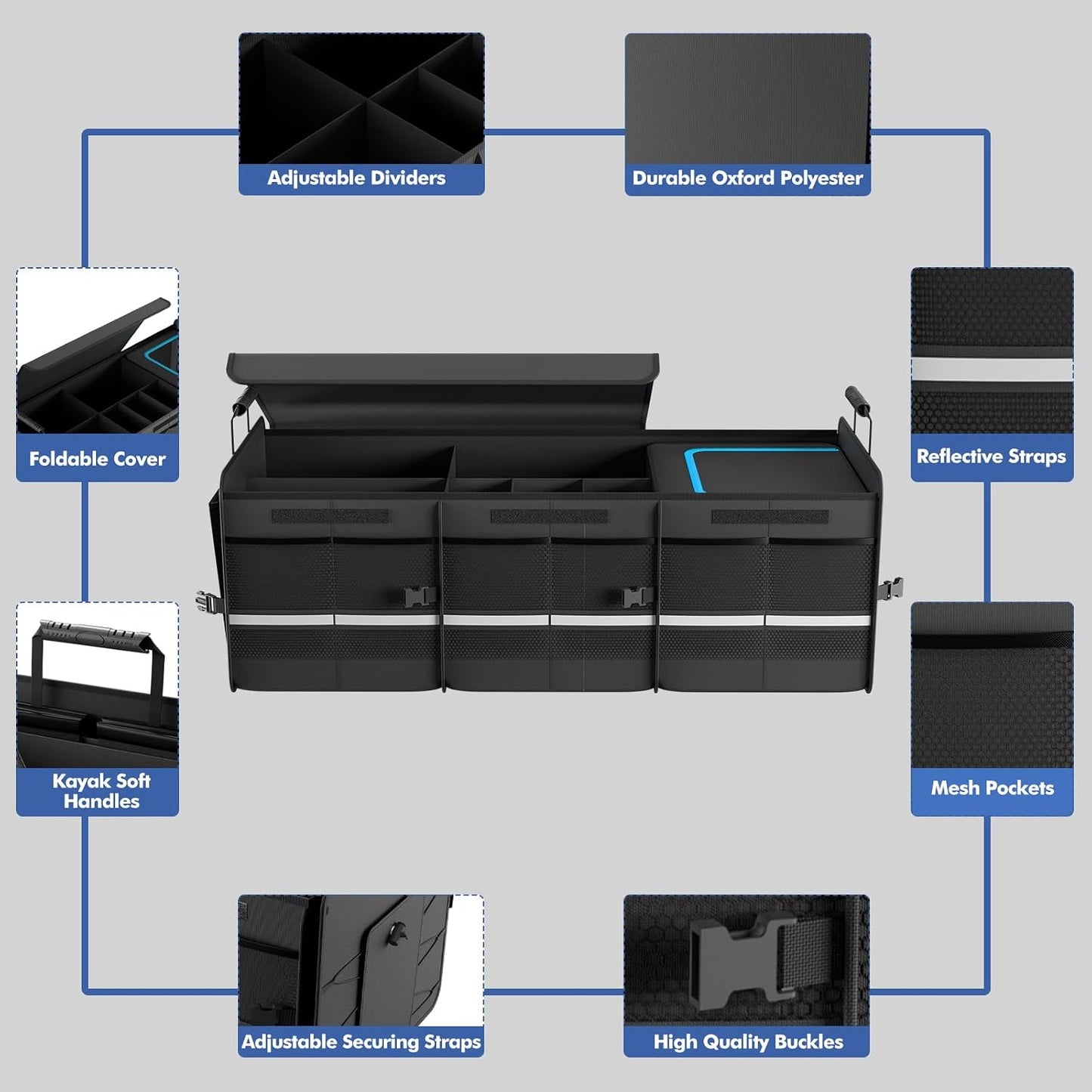 MEI&CO Car Trunk Organizer - 2.5mm PP Board Built, 35L Leakproof Cooler, 105L Capacity, 2 Tie-Down Straps, 4 Adjustable Dividers, Foldable Design for SUVs, Trucks, and Cars