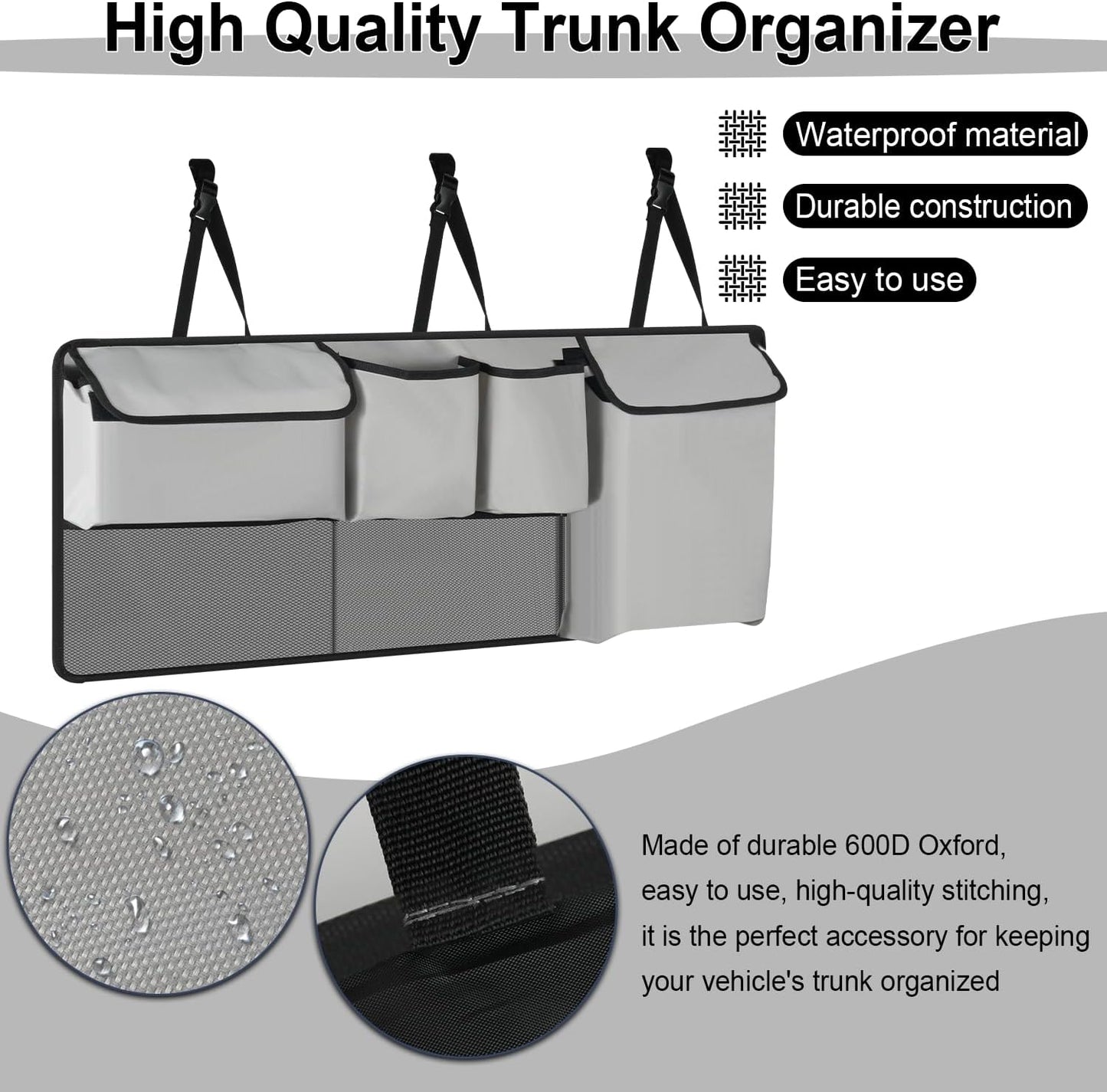 UYYE Trunk Hanging Organizer, Backseat Storage Bag, Collapsible Car Interior Accessories with 4 Pockets & 2 Mesh Pouches for Tools, Provide More Storage Trunk Space for SUV, Jeep, MPVs (Light Grey)