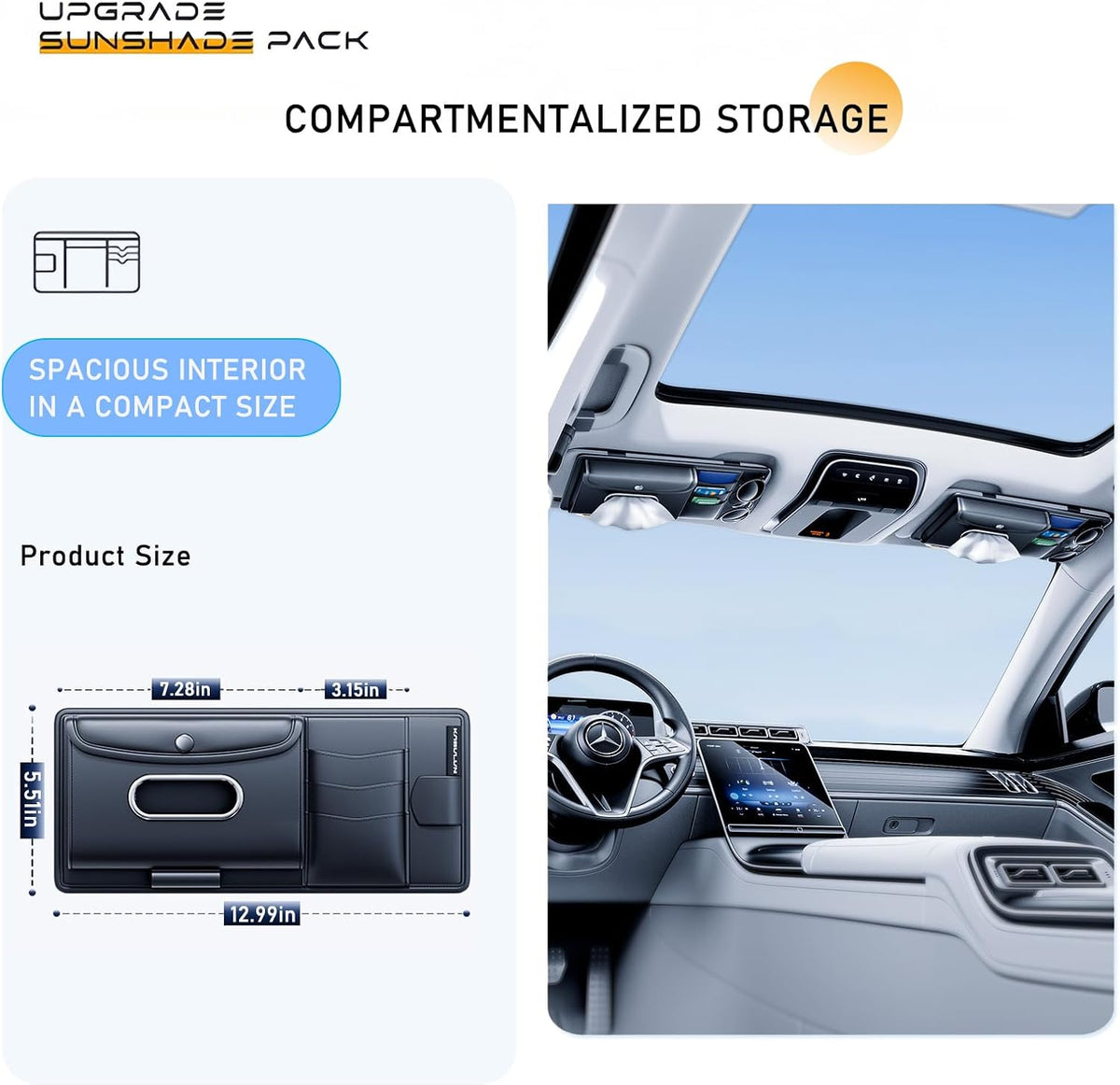 Tumecos Car Sun Visor Organizer with Tissue Holder, Auto Consoles Organizer with Sunglass Clip,Multi-Pocket Visor Accessories for Truck, SUV，Card/Pen/Driver's License Storage