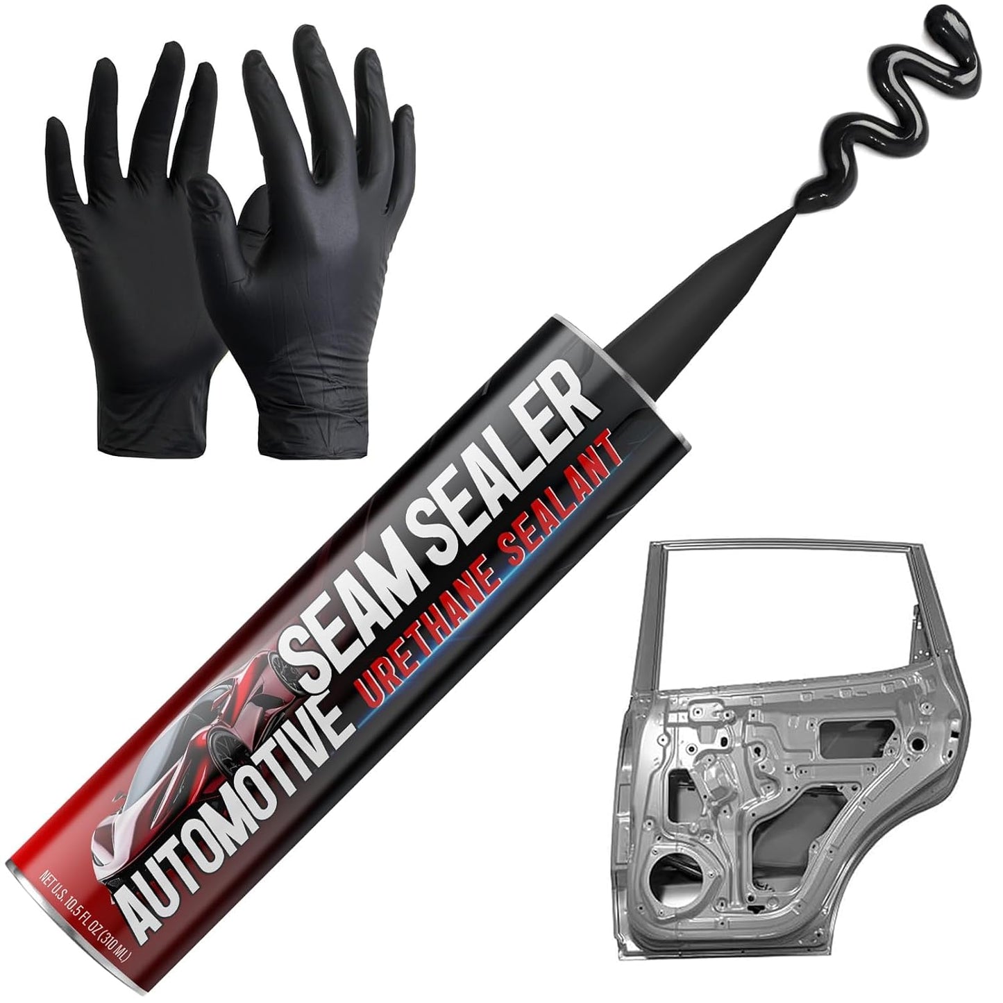 Seam Sealer Automotive Black - Paintable Waterproof Quick-Cure Polyurethane Auto Body Sealant for Car Metal Panels, Truck Beds, RV Roofs - Heavy Duty Kit with Gloves & Applicator, 10.5 oz