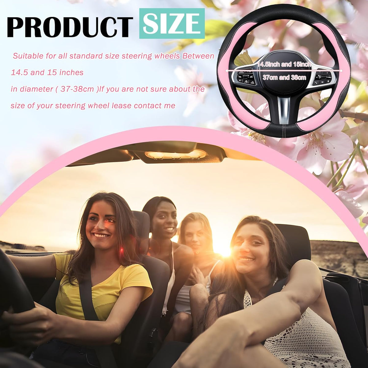 SuperKaKa Car Steering Wheel Cover 2025, Universal Auto PU Cute Breathable Slip-Proof Comfort Imitation Leather Protector Cars Interior Accessories for Women Men Fit Most Vehicle (Pink)
