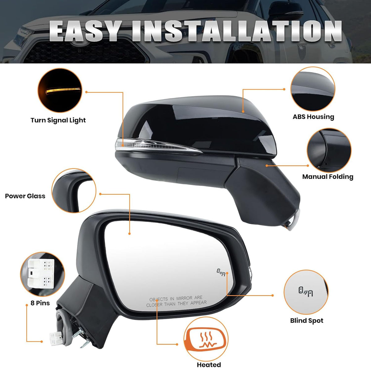 Right Passenger Side Mirror Compatible with Toyota RAV4 2019 2020 2021 2022 2023 2024 Power Heated Turn Signal Blind Spot Door Rear View Mirrors 8 Pins Black