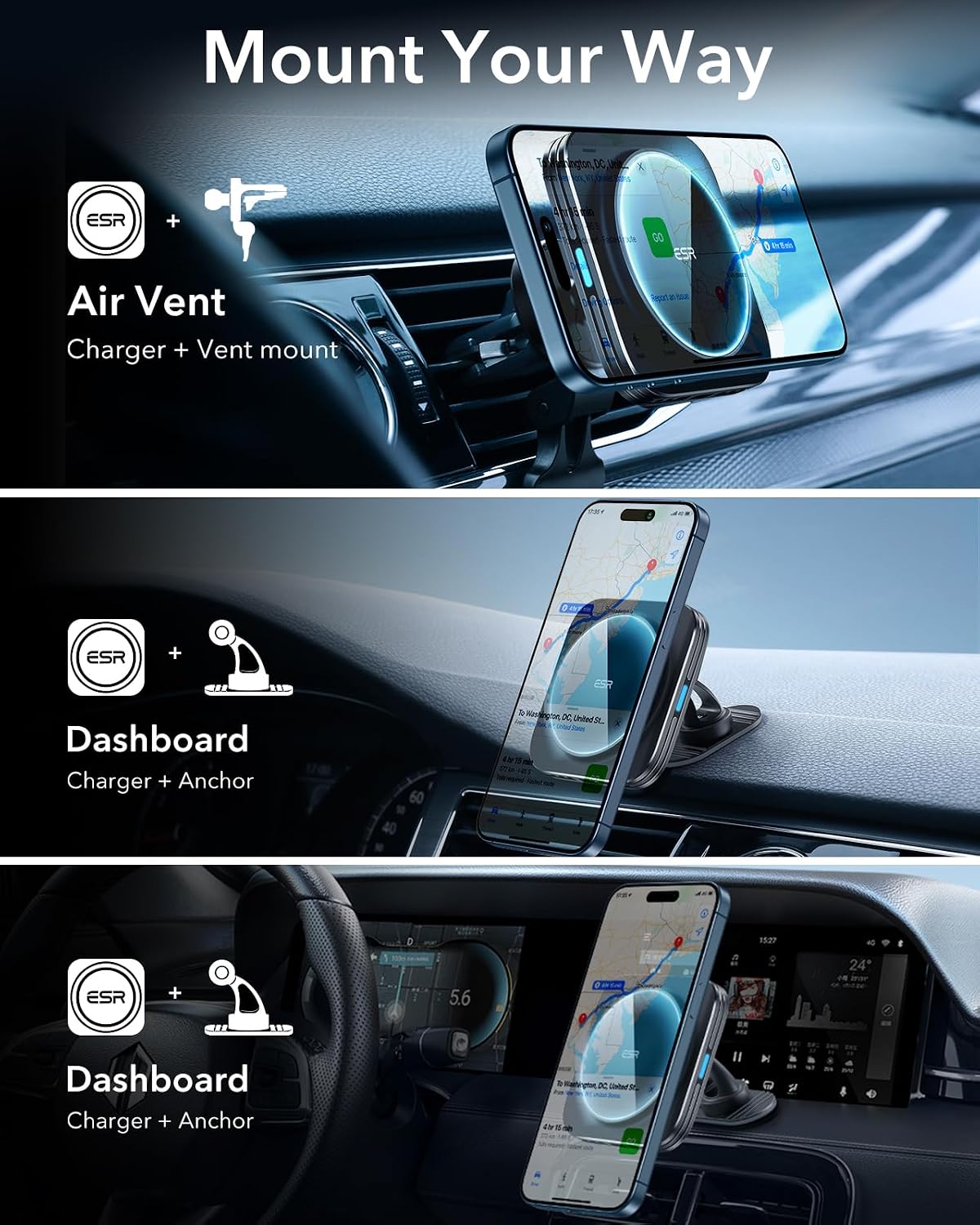 ESR for MagSafe Car Mount Charger for iPhone 17-12, Samsung S26/S25