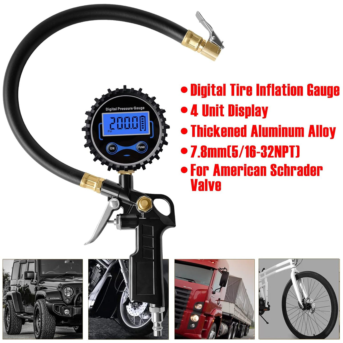 200 PSI Digital Tire Pressure Gauge with Inflator,Air Chuck Quick Connect Coupler,Standard Schrader 7.8mm 5/16-32NPT Valve,Car Accessories for SUV, Truck, RV (15, Gold)